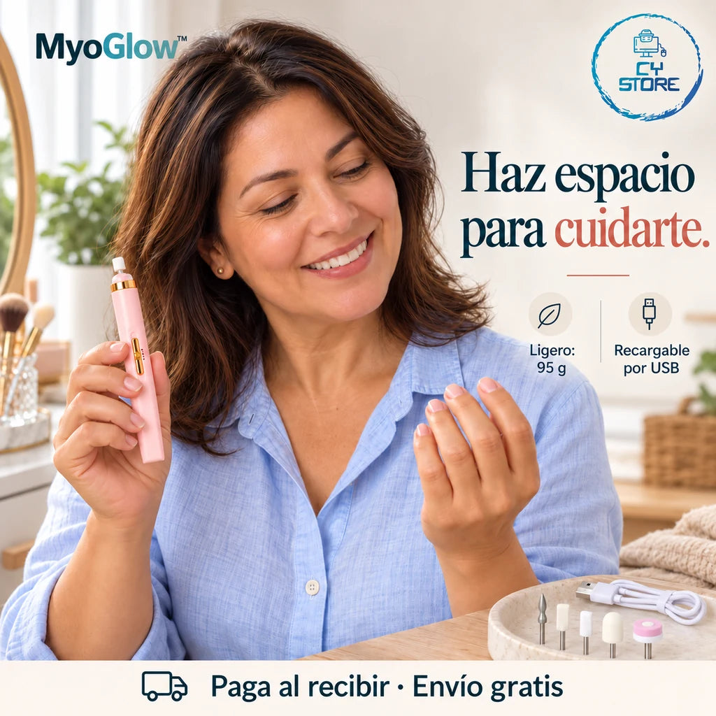 MyoGlow™: haz espacio para cuidarte. Ligero de 95 g, recargable por USB, paga al recibir y envío gratis. Logo CY Store.