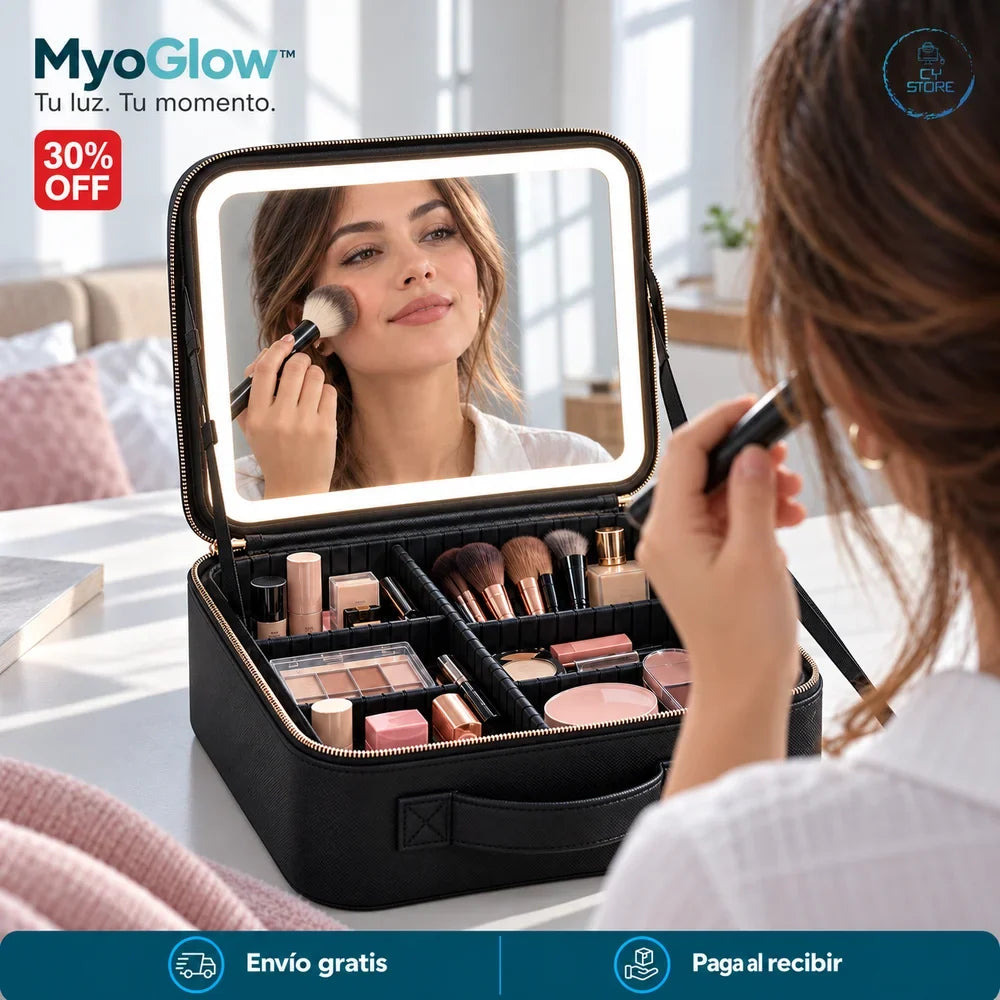 Uso del cosmetiquero negro MyoGlow con reflejo coherente en el espejo.