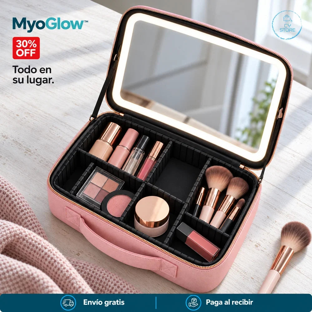 Interior organizado del cosmetiquero rosado MyoGlow.