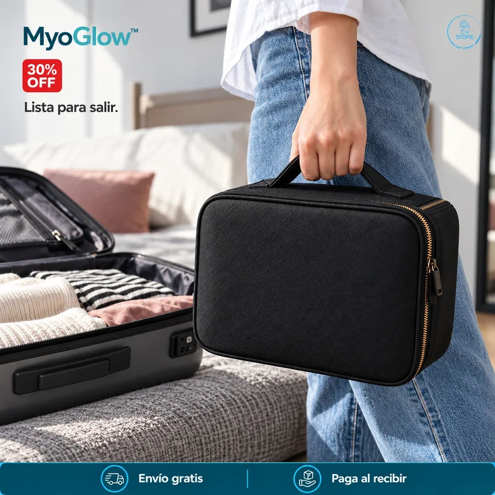 Cosmetiquero negro MyoGlow transportado por su asa.
