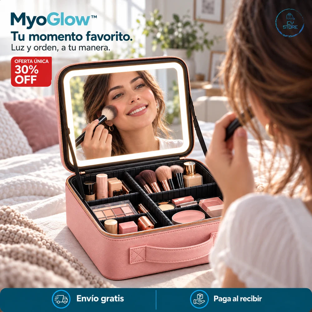 Mujer disfrutando su rutina con cosmetiquero rosado MyoGlow, espejo LED y maquillaje organizado; oferta única 30% OFF.